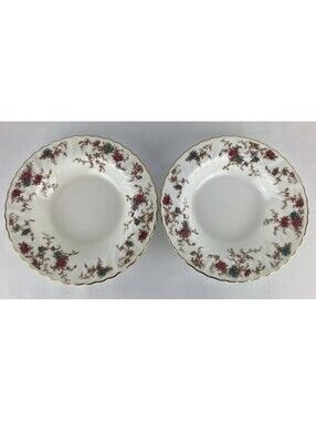 Set Of 2 Minton Ancestral S-376 Rimmed Soup Bowls Bone China Gold Trim *As Is*